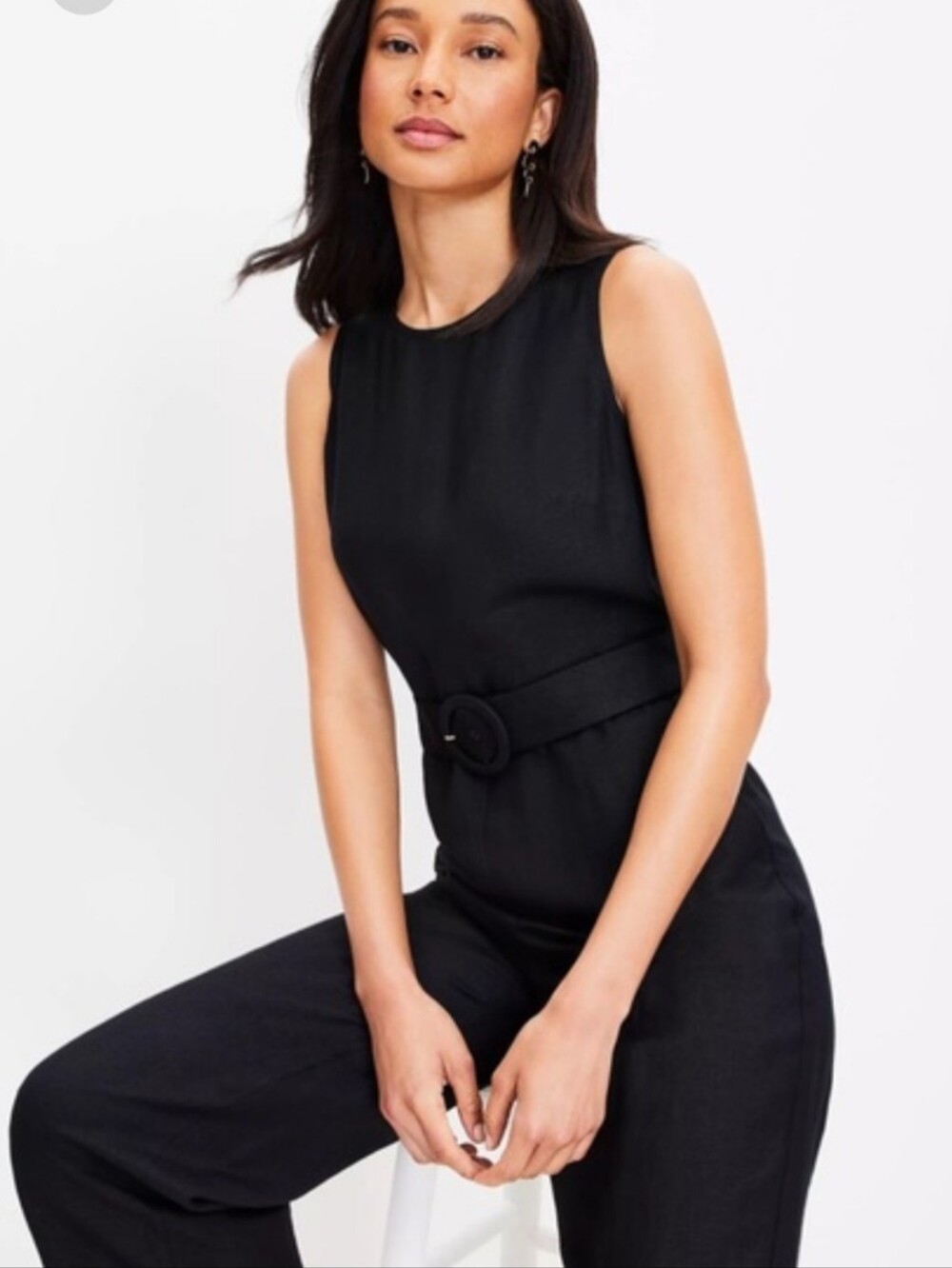 Black Linen Wide Leg Belted Jumpsuit Minimalist Pockets Sz 14 - Picture 2 of 12